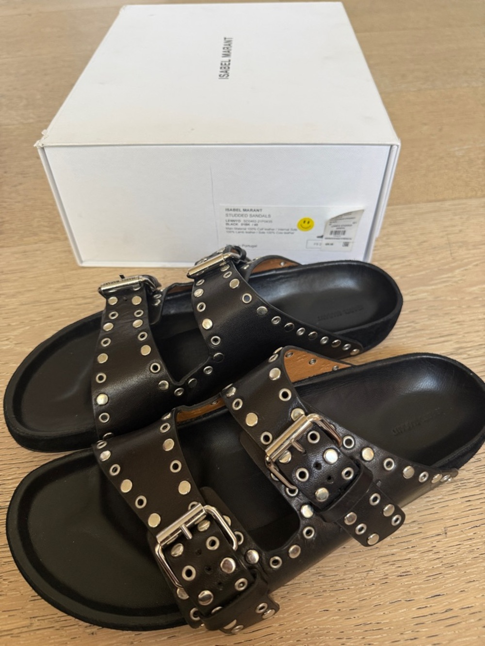 Isabel Marant Black Leather Studded Double-Buckle Slide Sandals